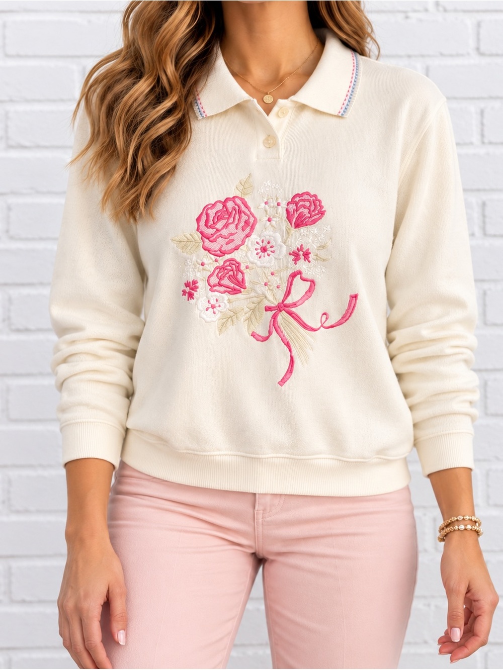 Vintage Alfred Dunner Petite M Embroidered Rose Floral Collared Sweatshirt 90s